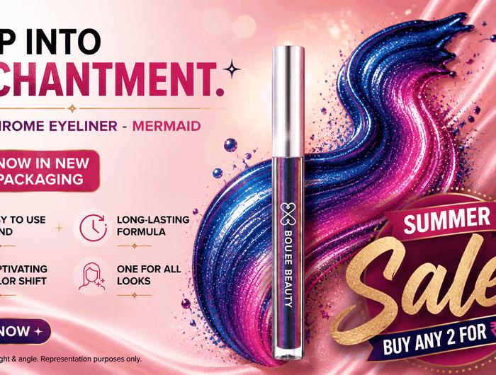 Multichrome eyeliner with mermaid design on a colorful background, featuring text about summer sale and product features.