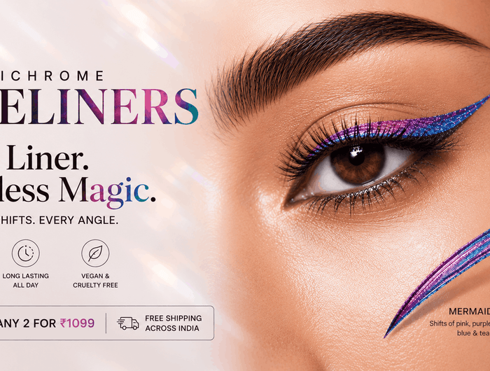 Advertisement for BOUJEE BEAUTY multichrome eyeliner with close-up of eye and product packaging.