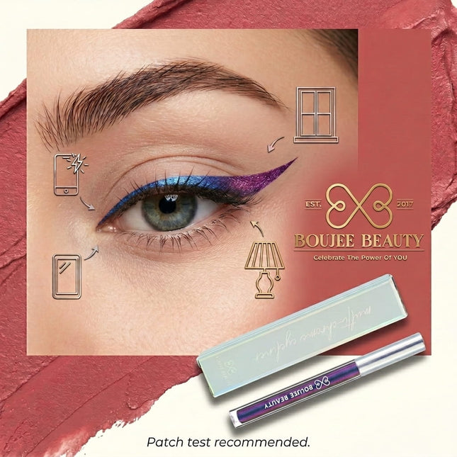 Eyeliner with 'Boujee Beauty' branding on a pink background