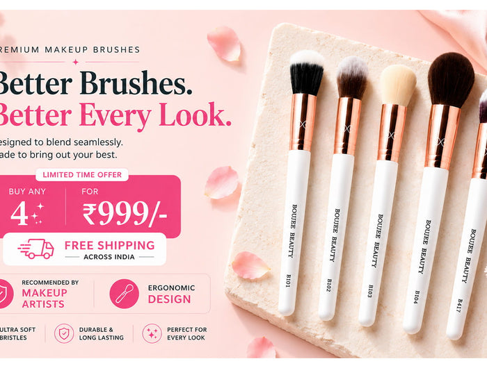 Set of Boujee Beauty makeup brushes on a pink background with promotional text.