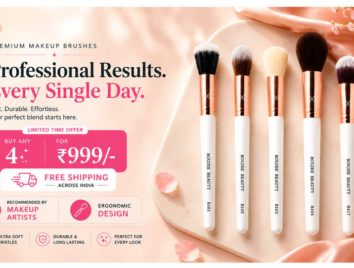 Set of Boujee Beauty makeup brushes with promotional text on a soft pink background