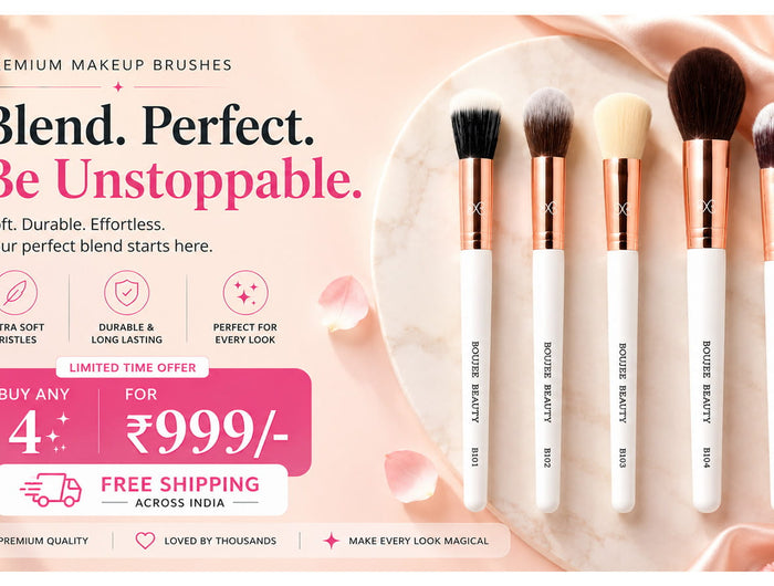 Boujee Beauty Makeup brushes with promotional text on a pink background