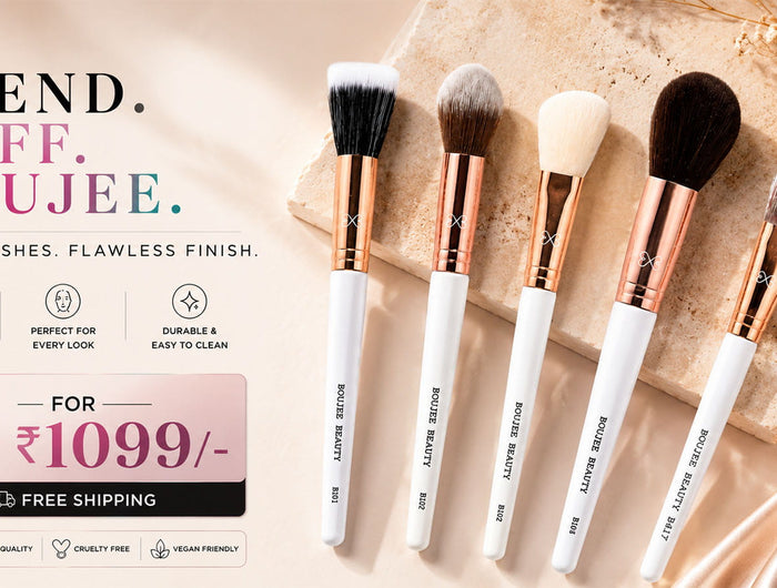 Set of Boujee Beauty makeup brushes with a promotional banner on a textured background