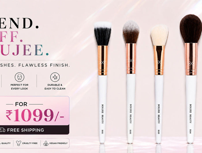 Set of Boujee Beauty makeup brushes with promotional text on a light pink background