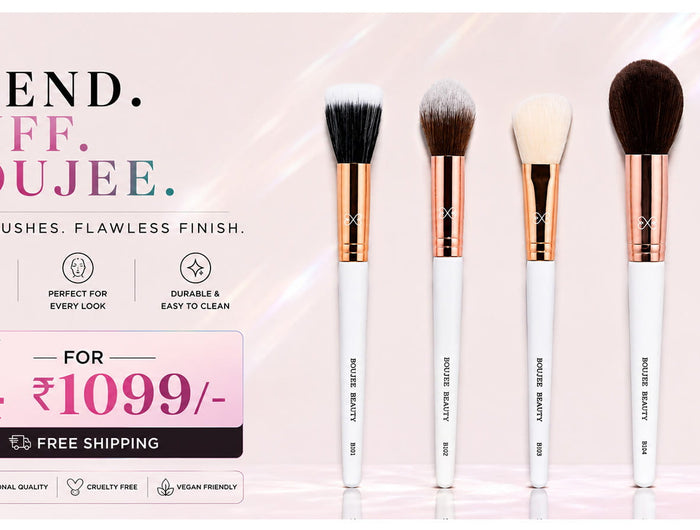 Set of Boujee Beauty makeup brushes with a promotional banner on a pink background