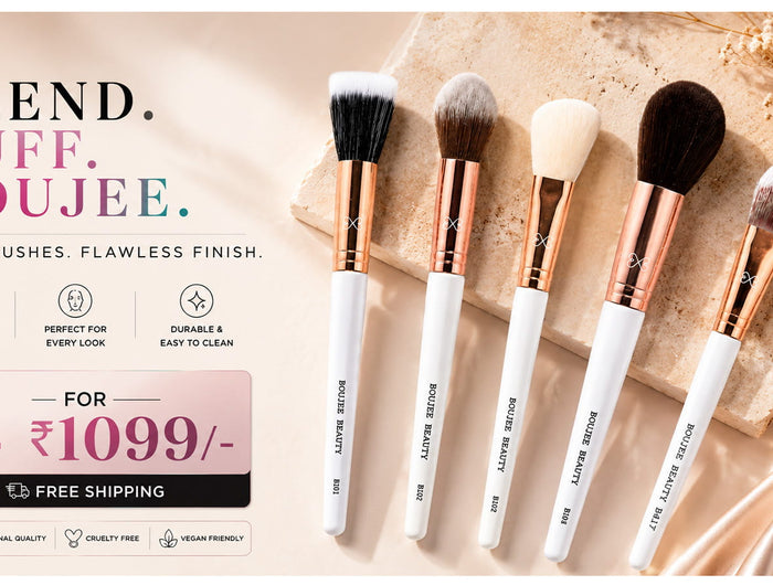 Set of Boujee Beauty makeup brushes with a promotional banner on a textured background