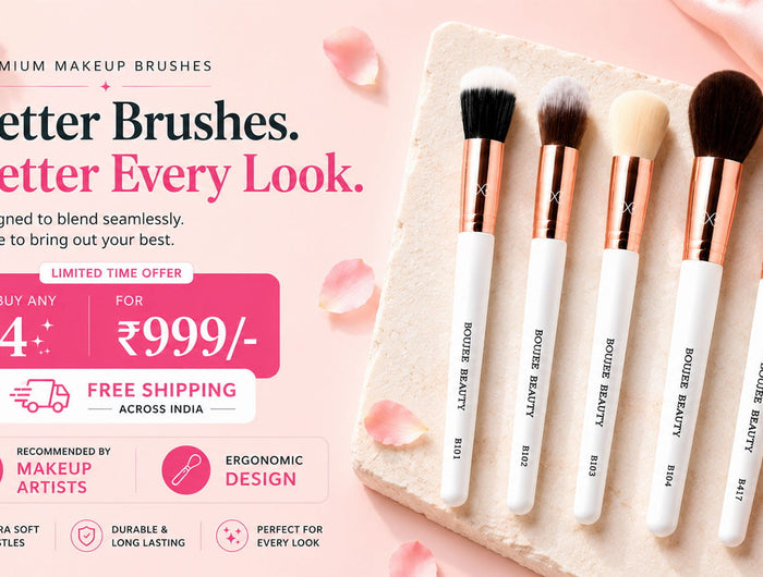 Boujee Beauty Makeup brushes on a pink background with promotional text and product details.