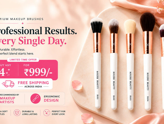 Set of Boujee Beauty makeup brushes with promotional text on a soft pink background