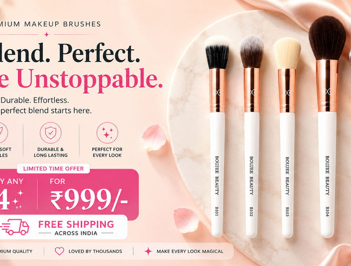Set of Boujee Beauty makeup brushes with promotional text on a soft pink background