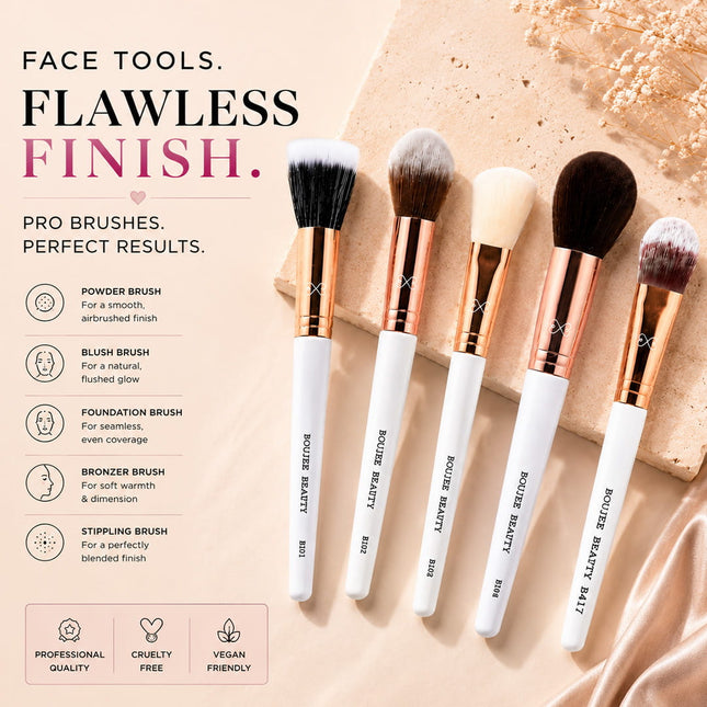 Set of Boujee Beauty makeup brushes on a beige background