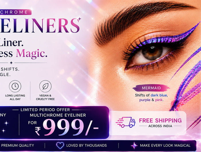 Boujee Beauty Multichrome eyeliner product with eye makeup application and promotional text.