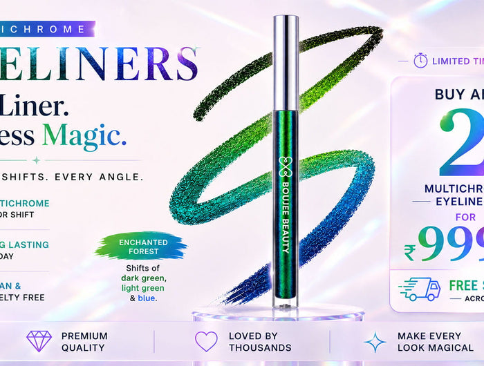Multichrome eyeliner with promotional text on a white background