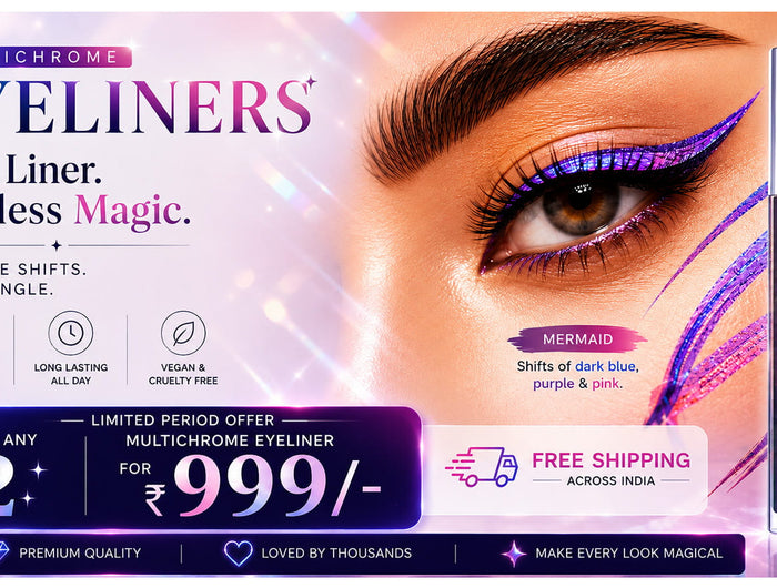 Multichrome eyeliner with close-up of eye wearing it, promotional text, and product packaging.