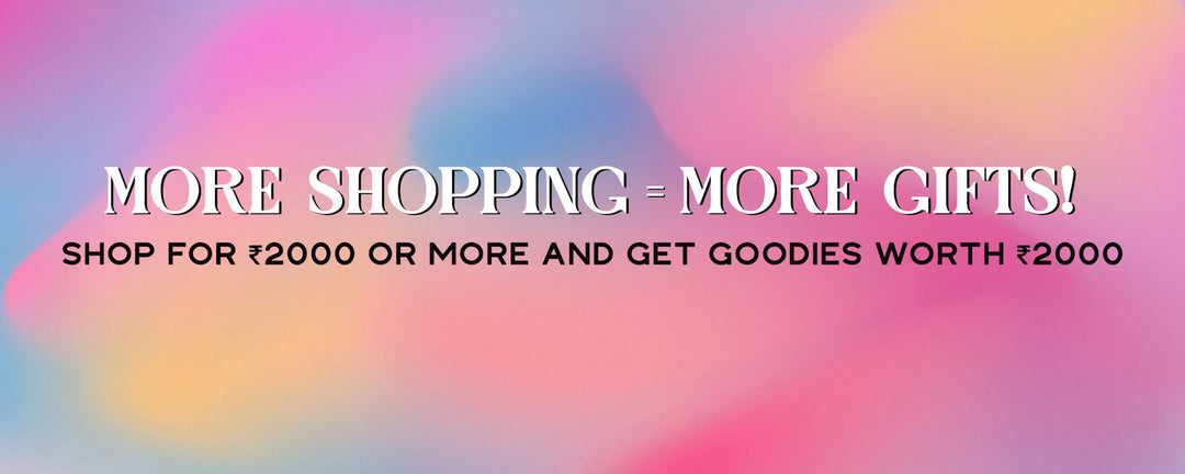 Promotional banner with colorful gradient background and text about shopping and gifts.
