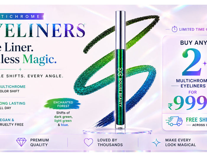 Boujee Beauty Multichrome eyeliner product with color shift effect on a promotional banner.