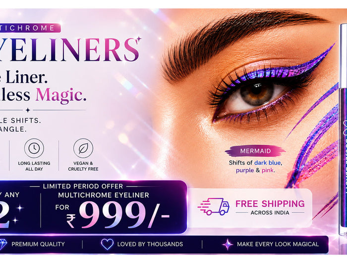 Multichrome eyeliner product with packaging and promotional text on a white background