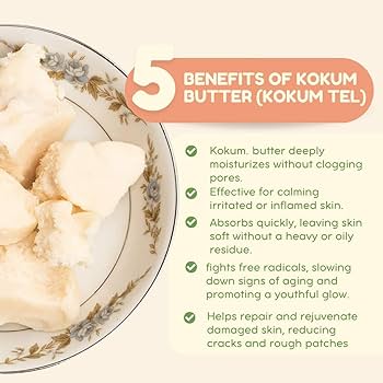 Kokum butter with text listing its benefits on a decorative plate.