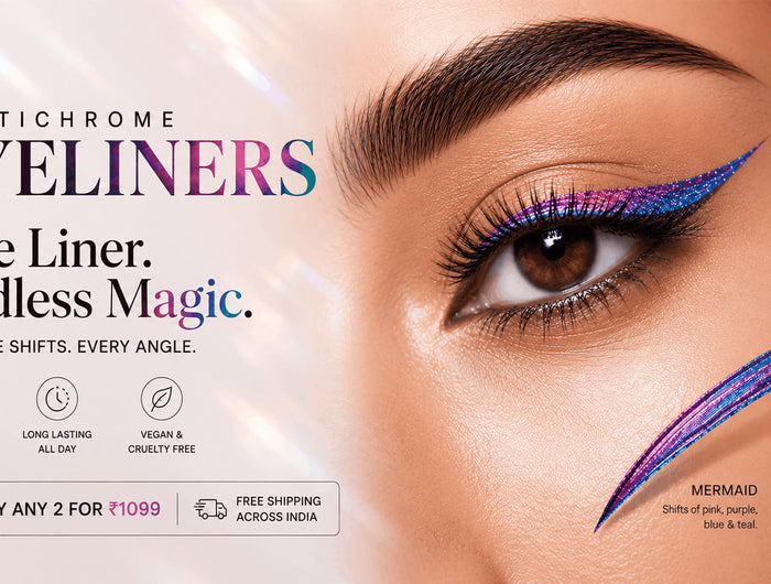 Advertisement for multichrome eyeliner with a close-up of an eye wearing the product.