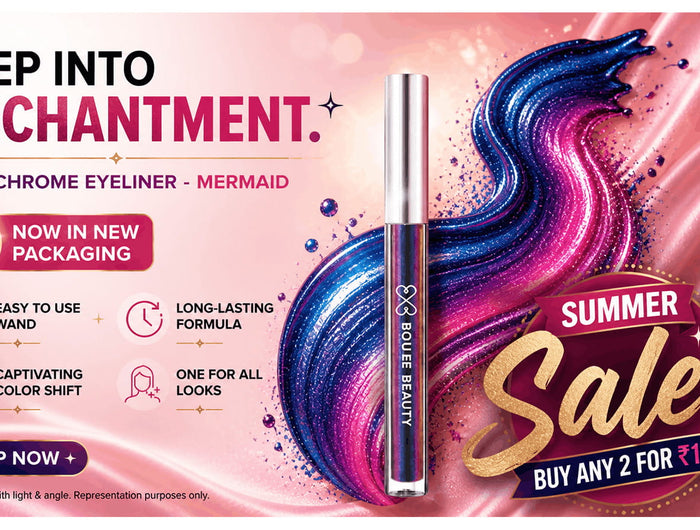 Multichrome eyeliner with packaging and promotional text on a pink background